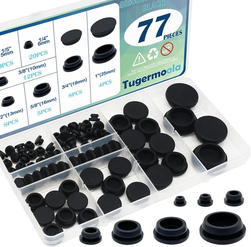 Tugermoola 77PCS 7 Sizes Rubber Hole Plugs for Round Holes 1/5" 1/4" 3/8" 1/2" 5/8" 3/4" 1" Rubber Plug Black - Image 1